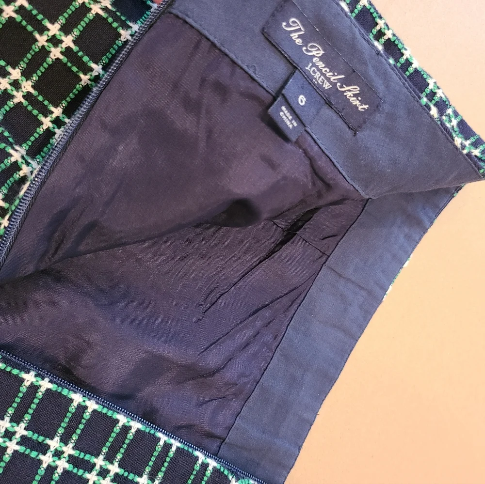 J.Crew The Pencil Skirt Cotton Navy And Green Checkered